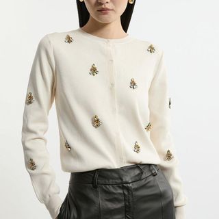 Karen Millen Lydia Millen All Over Embellished Dry Handle Viscose Blend Knit Cardi