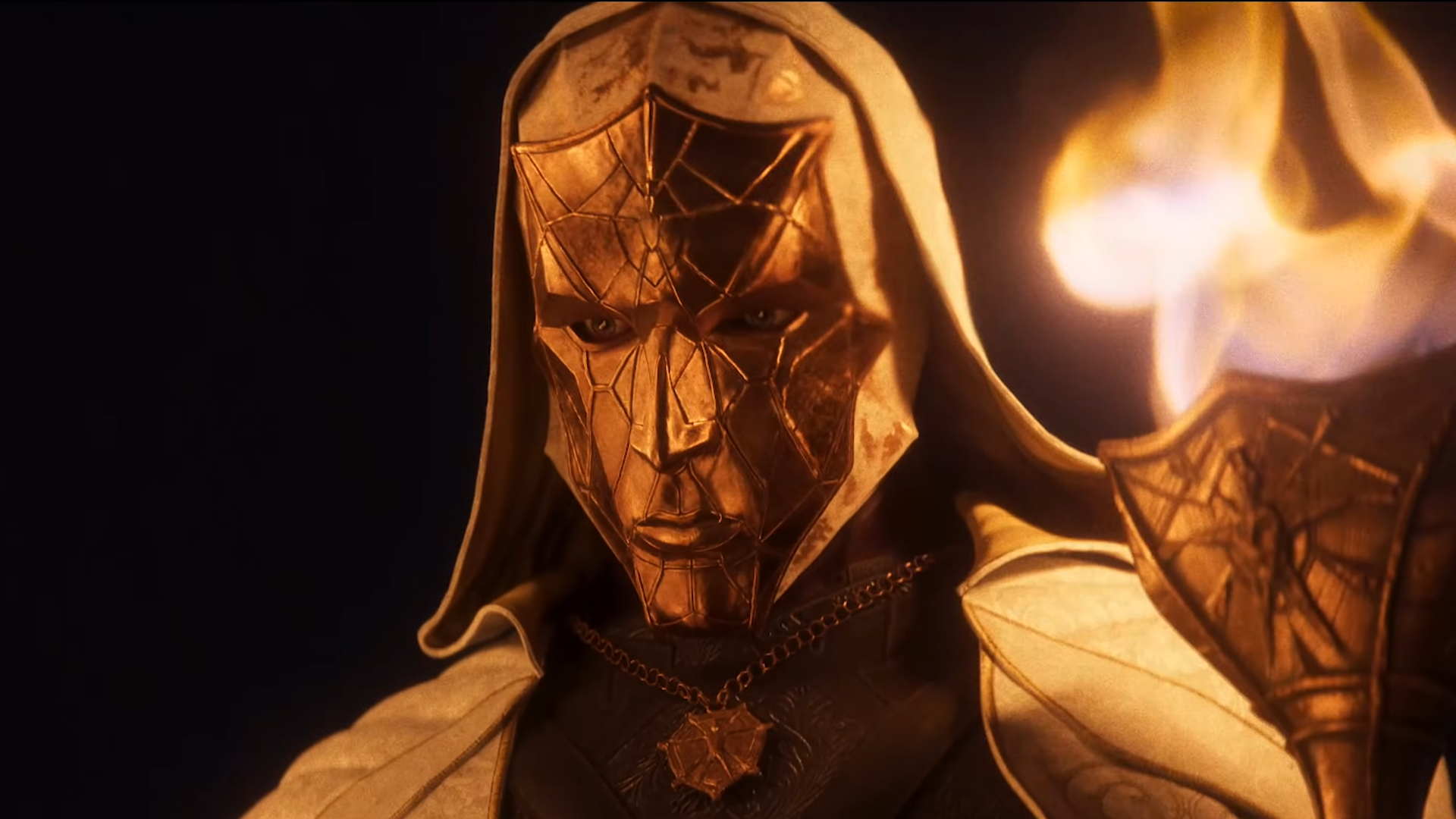 Gold masked figure with torch from Larian&#039;s Divinity trailer
