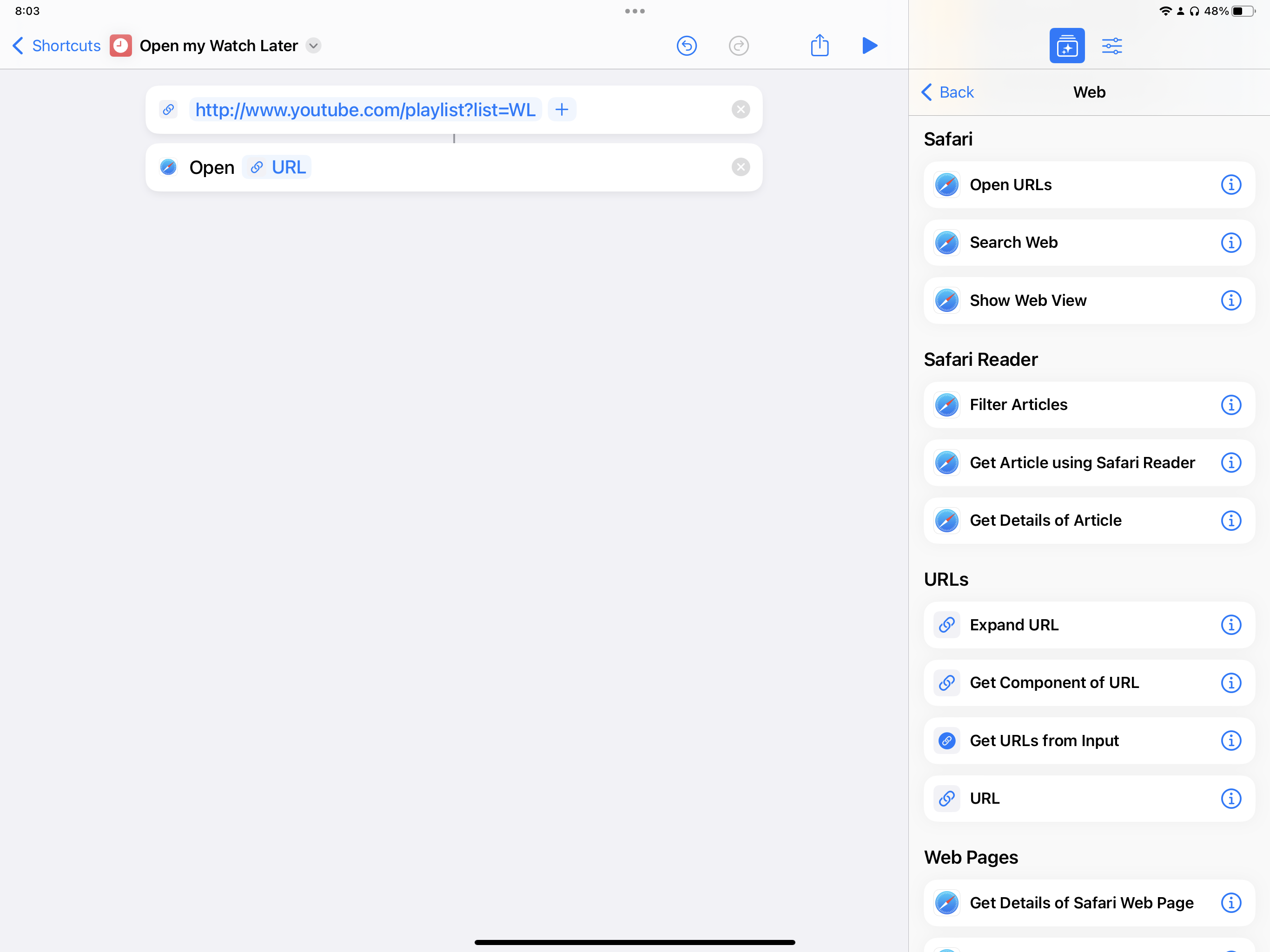 Screenshot of the Open URL action in Shortcuts.