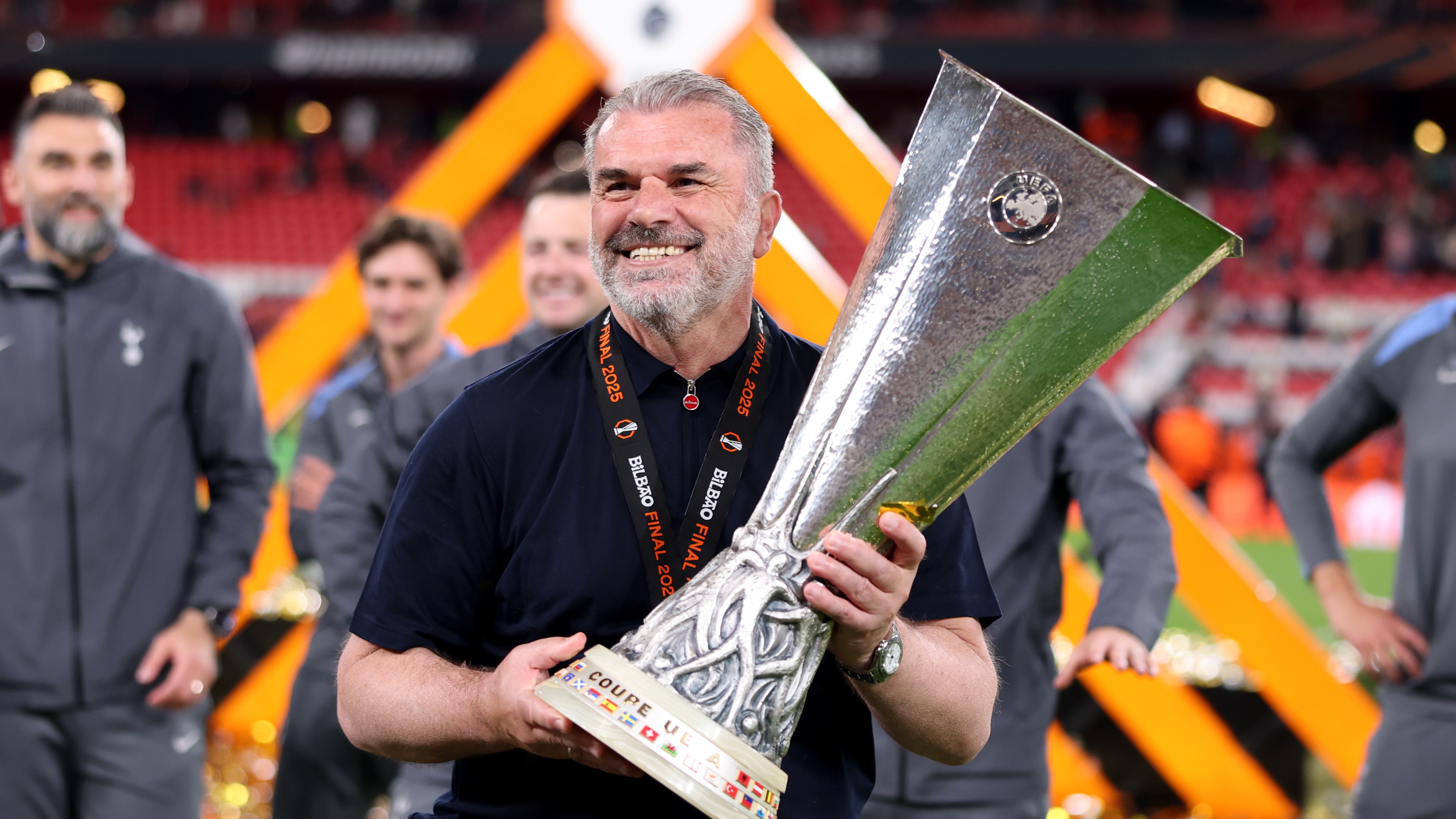 Ange Postecoglou, Manager of Tottenham Hotspur, celebrates with the UEFA Europa League trophy after his team&#039;s victory in the UEFA Europa League Final 2025 between Tottenham Hotspur and Manchester United at Estadio de San Mames on May 21, 2025 in Bilbao, Spain. 