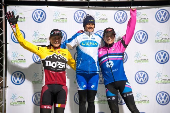 The women's podium of Katerina Nash in first, Courtney McFadden in second, and Merideth Miller.