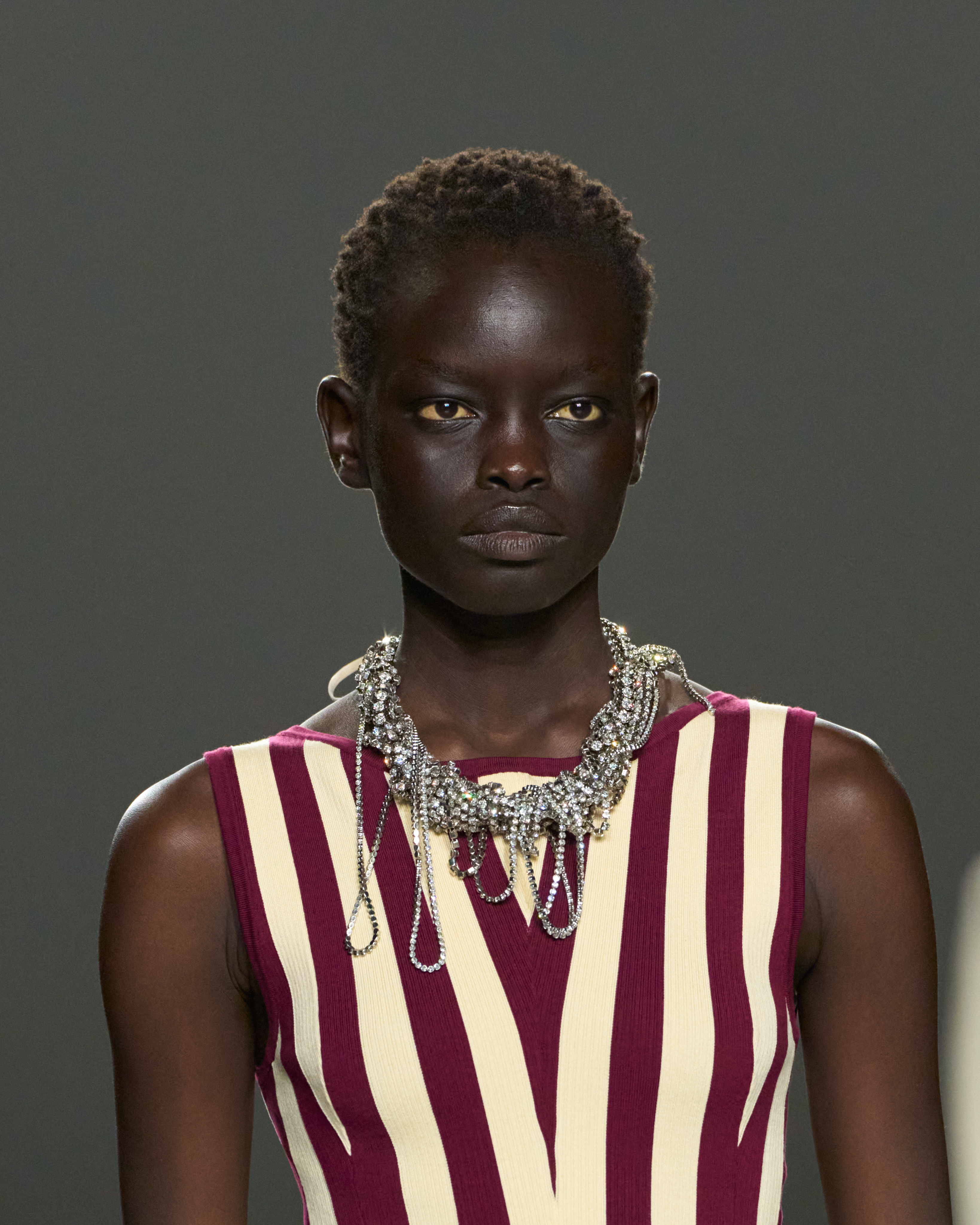 A model at the spring/summer 2026 Dries Van Noten show wearing a statement necklace.