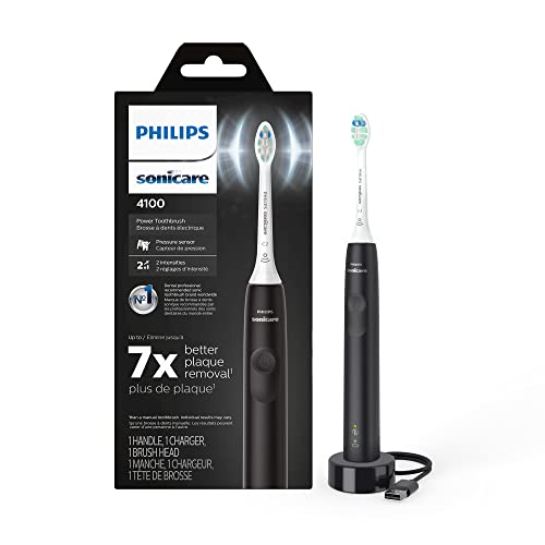 Philips Sonicare 4100 Rechargeable Electric Toothbrush, With Pressure Sensor, 2 Intensity Settings, Smartimer and Quadpacer, 14-Day Battery Life, Black, Model Hx3681/24