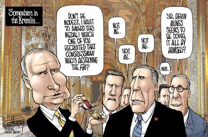 Political cartoon U.S. Putin Russia investigation FBI Devin Nunes memo