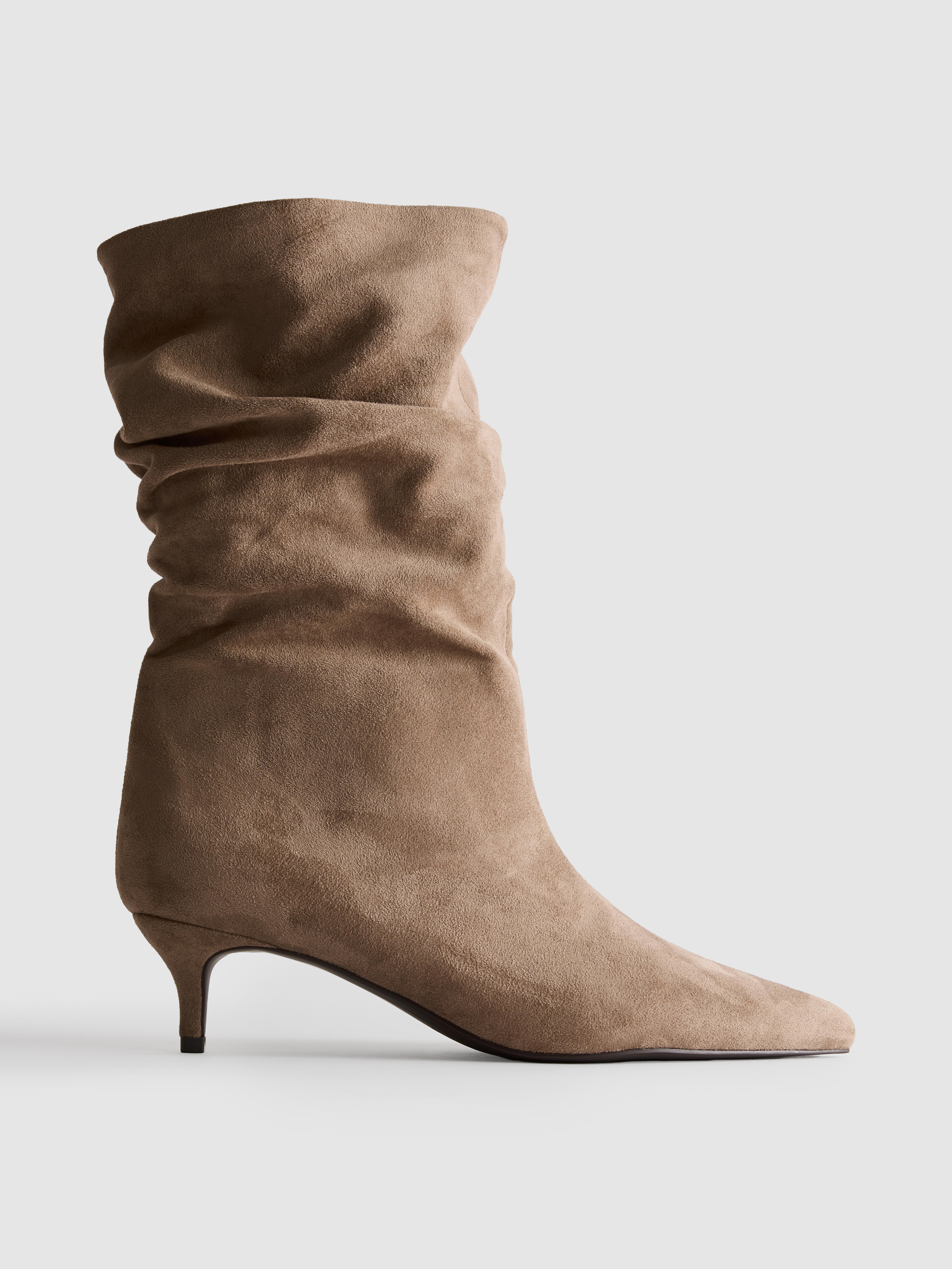Faux Suede Ruched Kitten Heel Ankle Boot