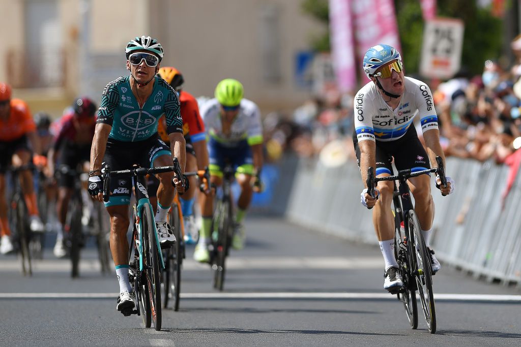 BEZIERS FRANCE AUGUST 01 Arrival Bryan Coquard of France and Team BB Hotels Vital Concept Celebration Elia Viviani of Italy and Team Cofidis European Champion Jersey during the 44th La Route dOccitanie La Depeche du Midi 2020 Stage 1 a 187km stage from Saint Affrique to Cazouls ls Bziers RouteOccitanie RDO2020 on August 01 2020 in Beziers France Photo by Justin SetterfieldGetty Images