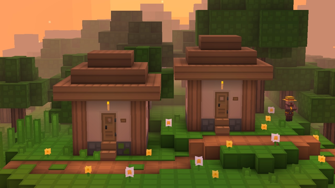 Minecraft texture packs - Rodrigo's Pack - Two village houses with very simplified, colors. The grass blocks are all outlined, giving the ground a grid-like look.