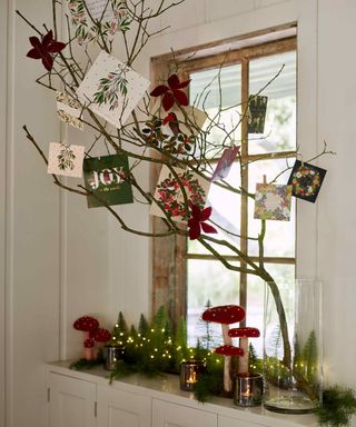 A tree cutting inside a long, tall glass vase with Christmas cards hung off branch