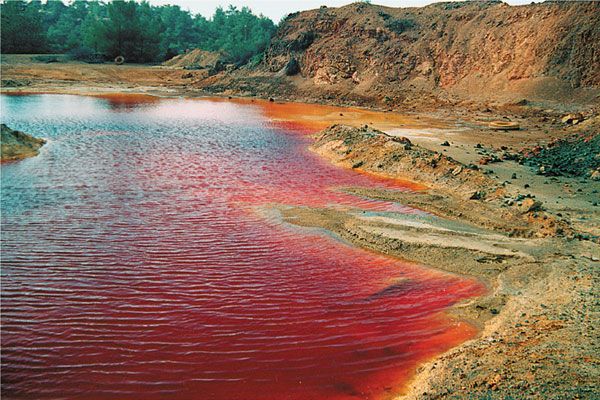 Acidic mining waste site. The earliest oxygen-dependent life on land may have been bacteria that produced acid when they eat pyrite or fool&#039;s gold, and released chromium from the rocks.