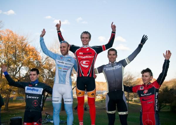 The men's podium: Jerome Townsend (BikeReg.com), Adam Myerson (Cycle-Smart), Valentin Scherz (Cyfac), Craig Richey (Cyclocrossracing.com) and Adam McGrath (Van Dessel).