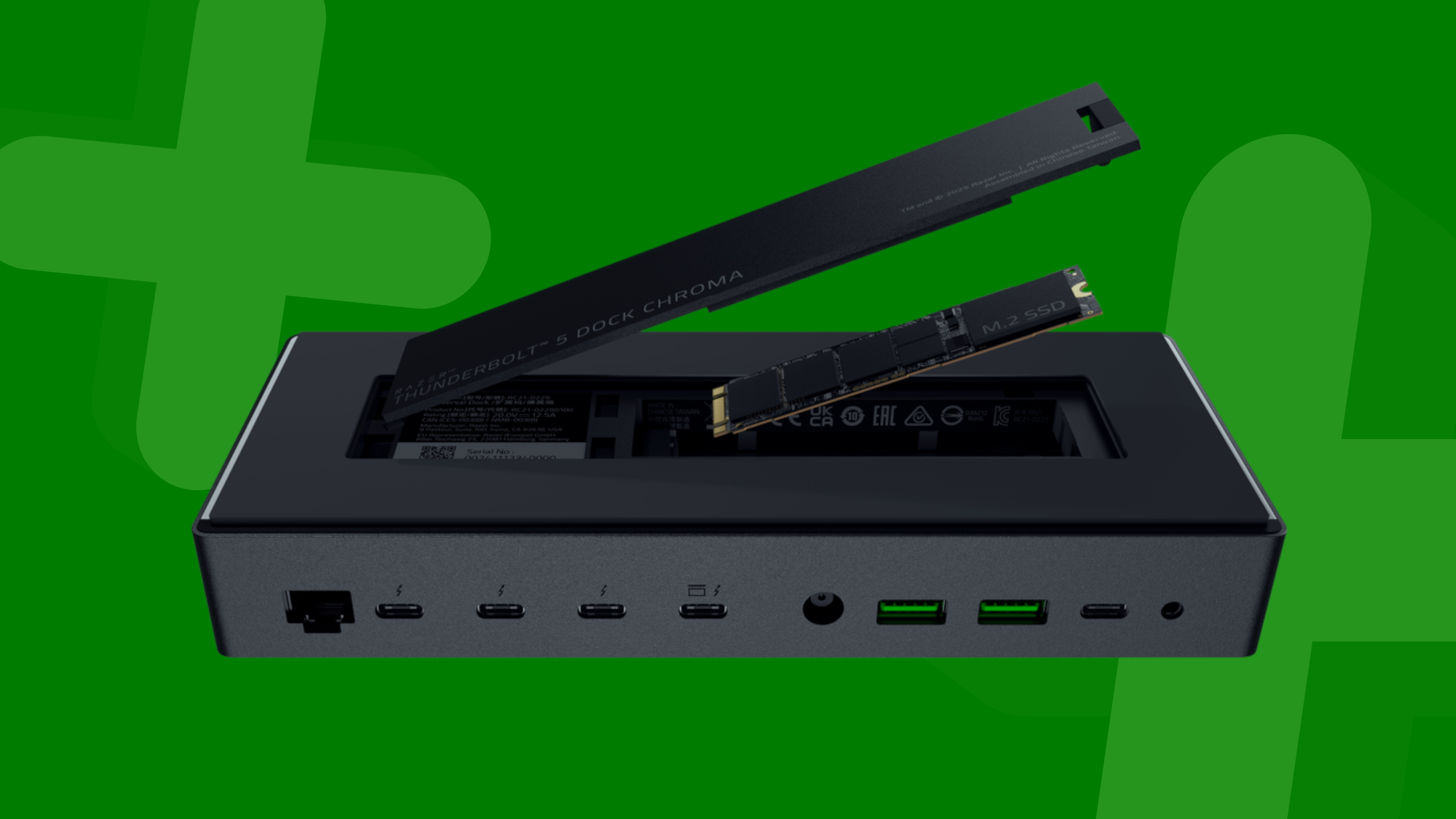 Razer Thunderbolt 5 Dock with SSD compartment open on a green background