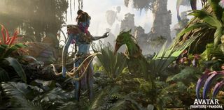 Avatar: Frontiers of Pandora - A Na'Vi with a bow confronts a plantlike flyer