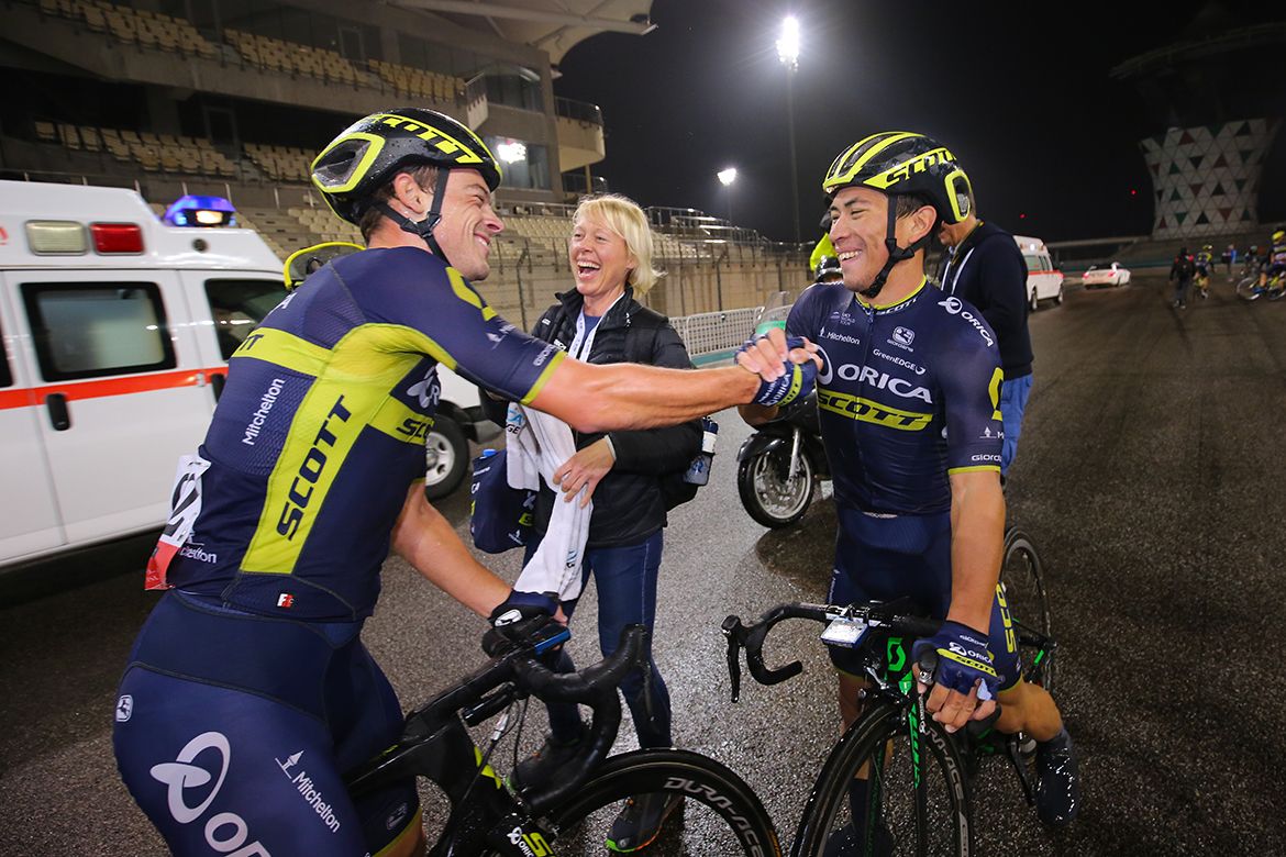 Ewan was quick to celebrate with teammates after his stage 4 win in Abu Dhabi.