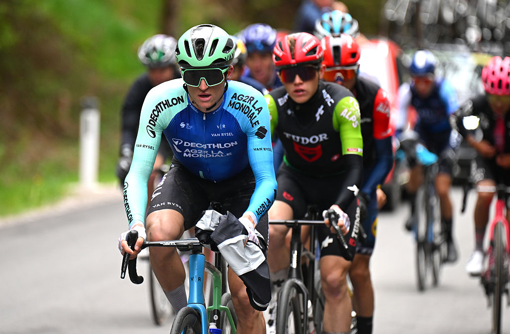 OBERTILLIACH ITALY APRIL 24 Felix Gall of Austria and Decathlon AG2R La Mondiale Team competes in the chase group during the 45th Tour of the Alps 2025 Stage 4 a 1627km stage from Sillian to Obertilliach 1448m on April 24 2025 in Obertilliach Italy Photo by Tim de WaeleGetty Images