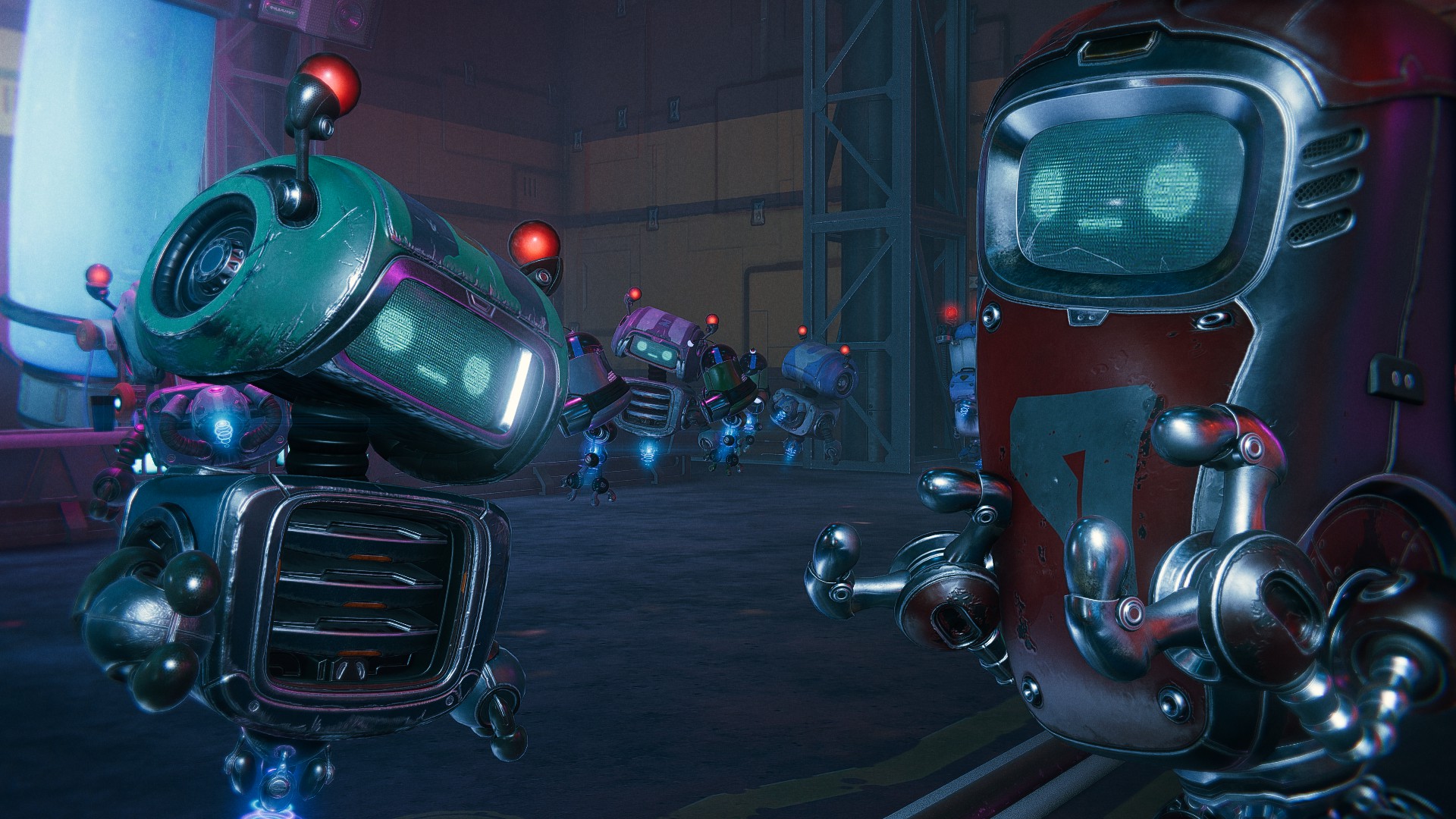 Robots dancing in a nightclub in Ratchet & Clank: Rift Apart.