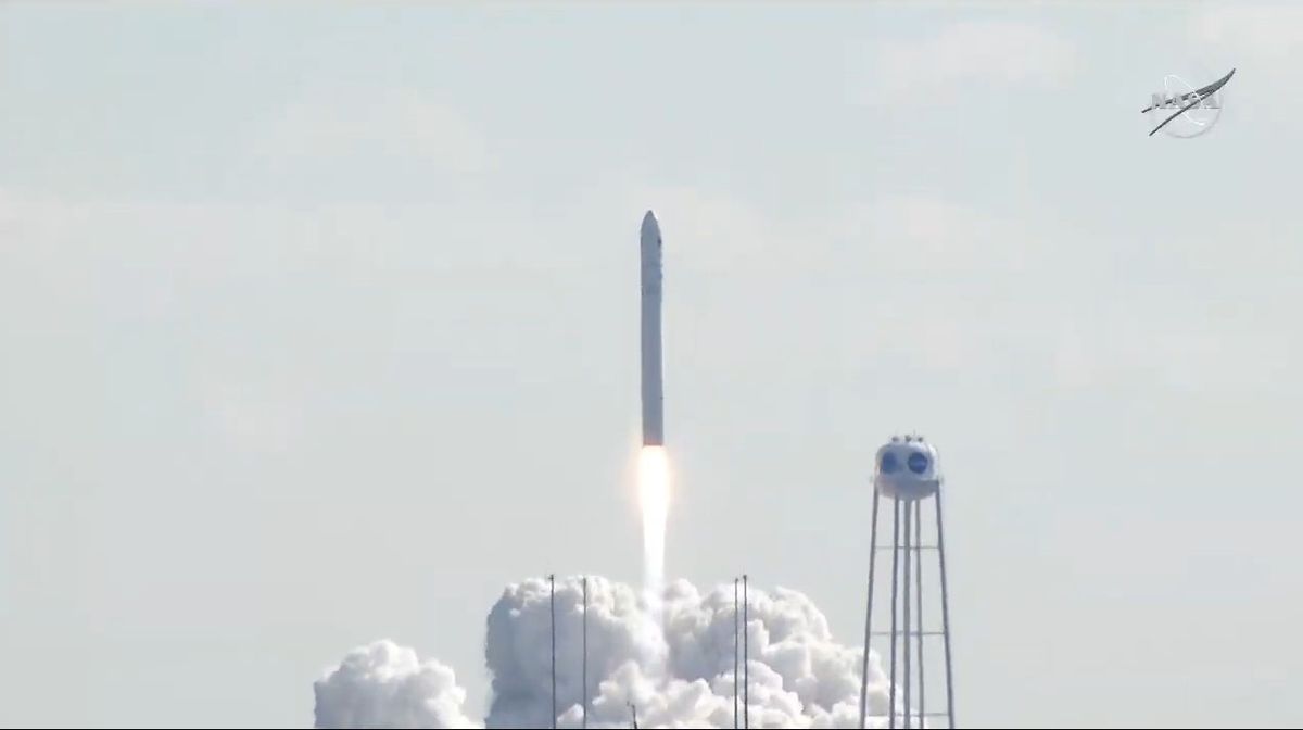 A Northrop Grumman Antares rocket carrying the uncrewed Cygnus NG-15 cargo ship launches from Pad 0A of NASA's Wallops Flight Facility on Wallops Island, Virginia on Feb. 20, 2021.