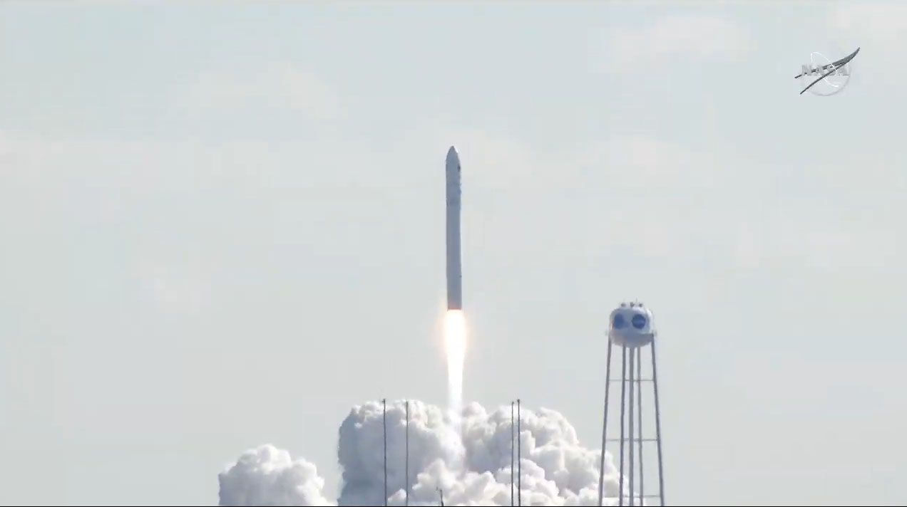 A Northrop Grumman Antares rocket carrying the uncrewed Cygnus NG-15 cargo ship launches from Pad 0A of NASA's Wallops Flight Facility on Wallops Island, Virginia on Feb. 20, 2021.