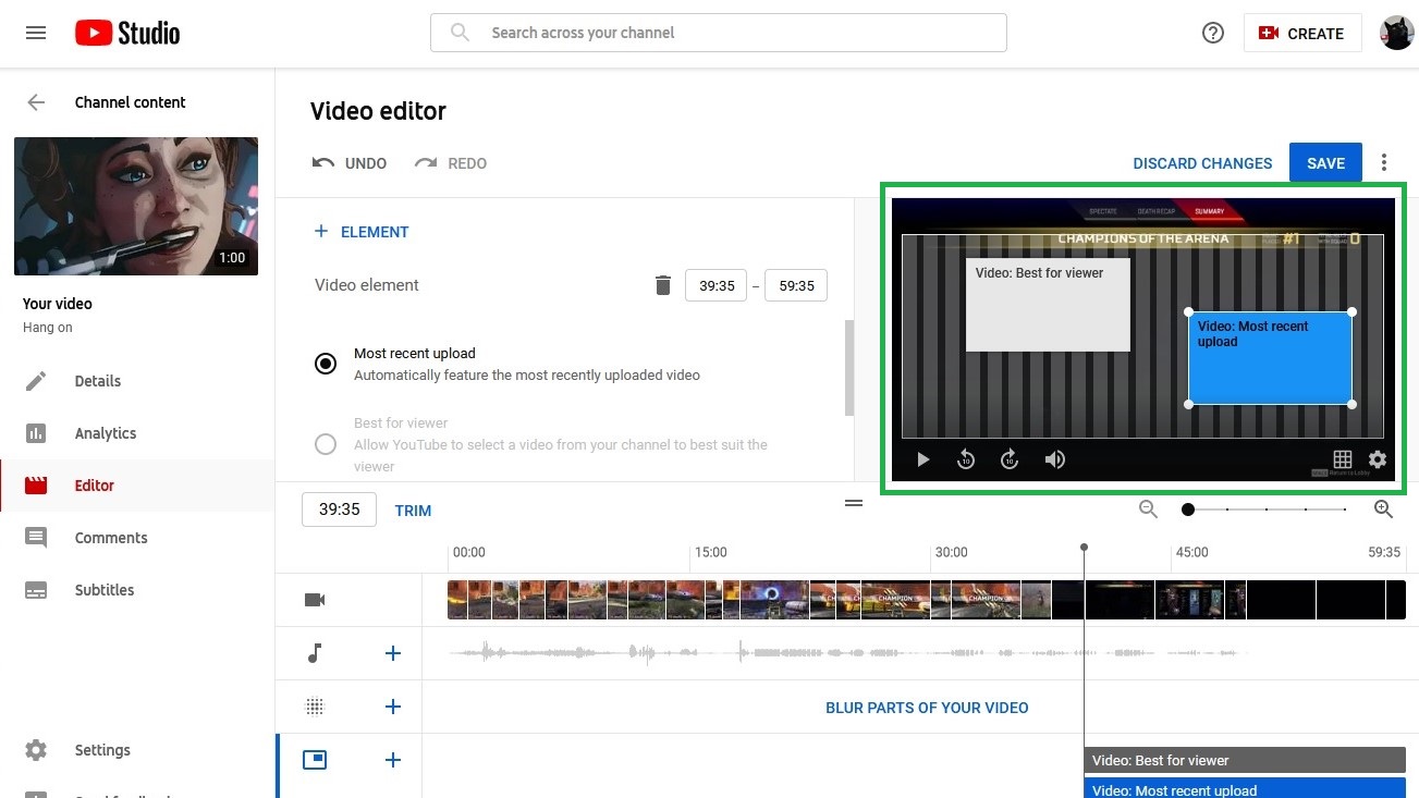 How to edit videos on YouTube: Add an end screen step 5: Move end screen links by moving their boxes in the preview pane