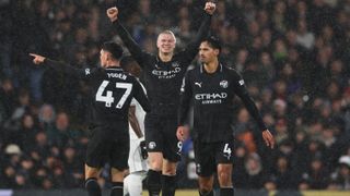 Foden, Haaland and Reijnders celebrating in their 5-4 win against Fulham in the Premier League at Craven Cottage.