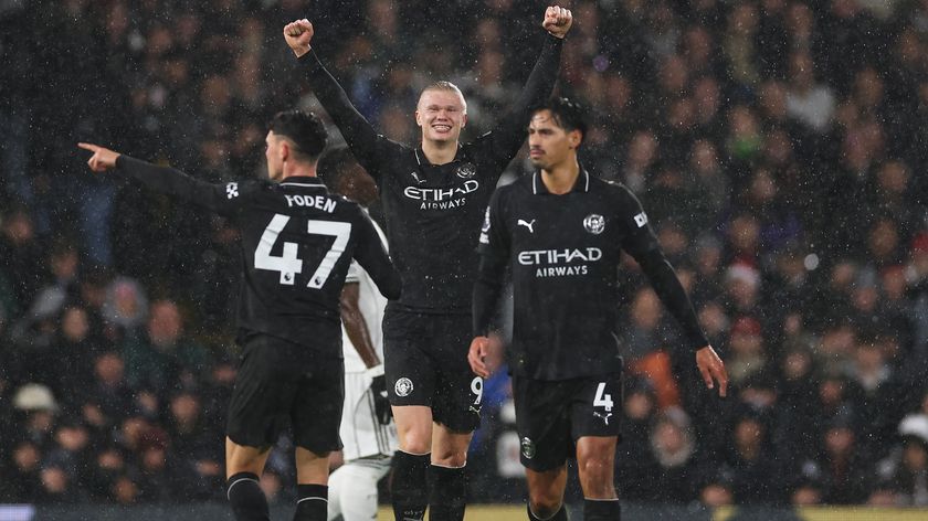 Foden, Haaland and Reijnders celebrating in their 5-4 win against Fulham in the Premier League at Craven Cottage.