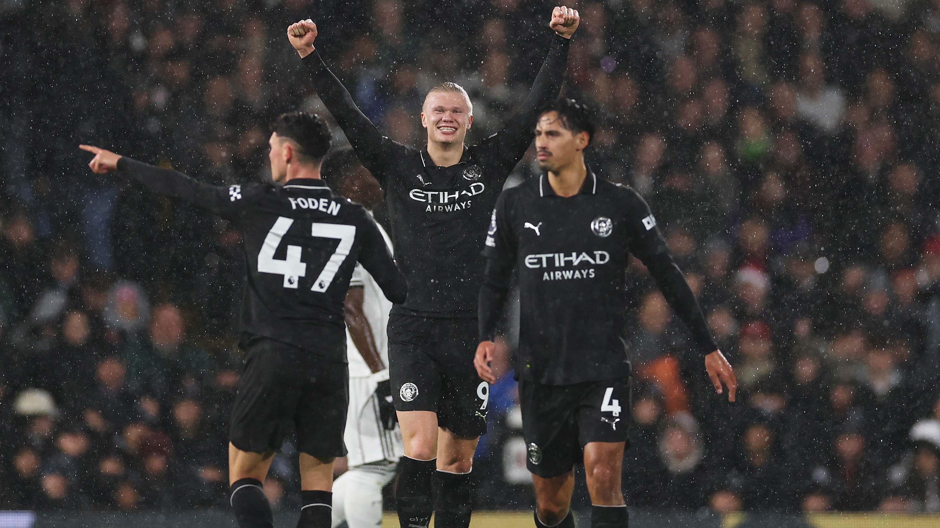 Foden, Haaland and Reijnders celebrating in their 5-4 win against Fulham in the Premier League at Craven Cottage.