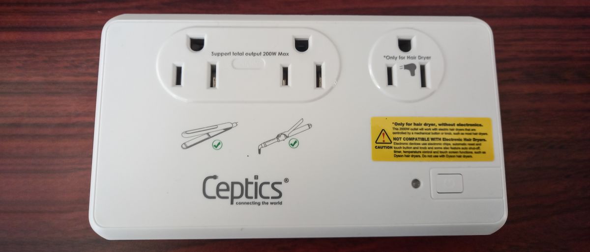 Ceptics 220V to 110V Travel Voltage Converter on desk