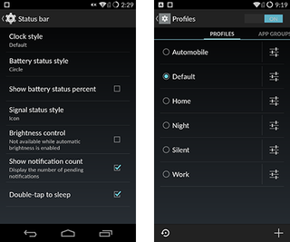 Status bar modifications (left) and Profile activation screen (right)