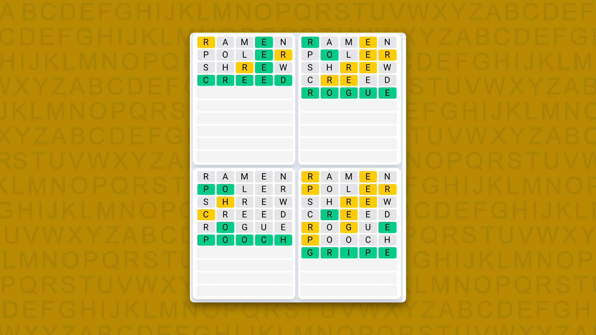 Quordle Daily Sequence answers for game 1645 on a yellow background