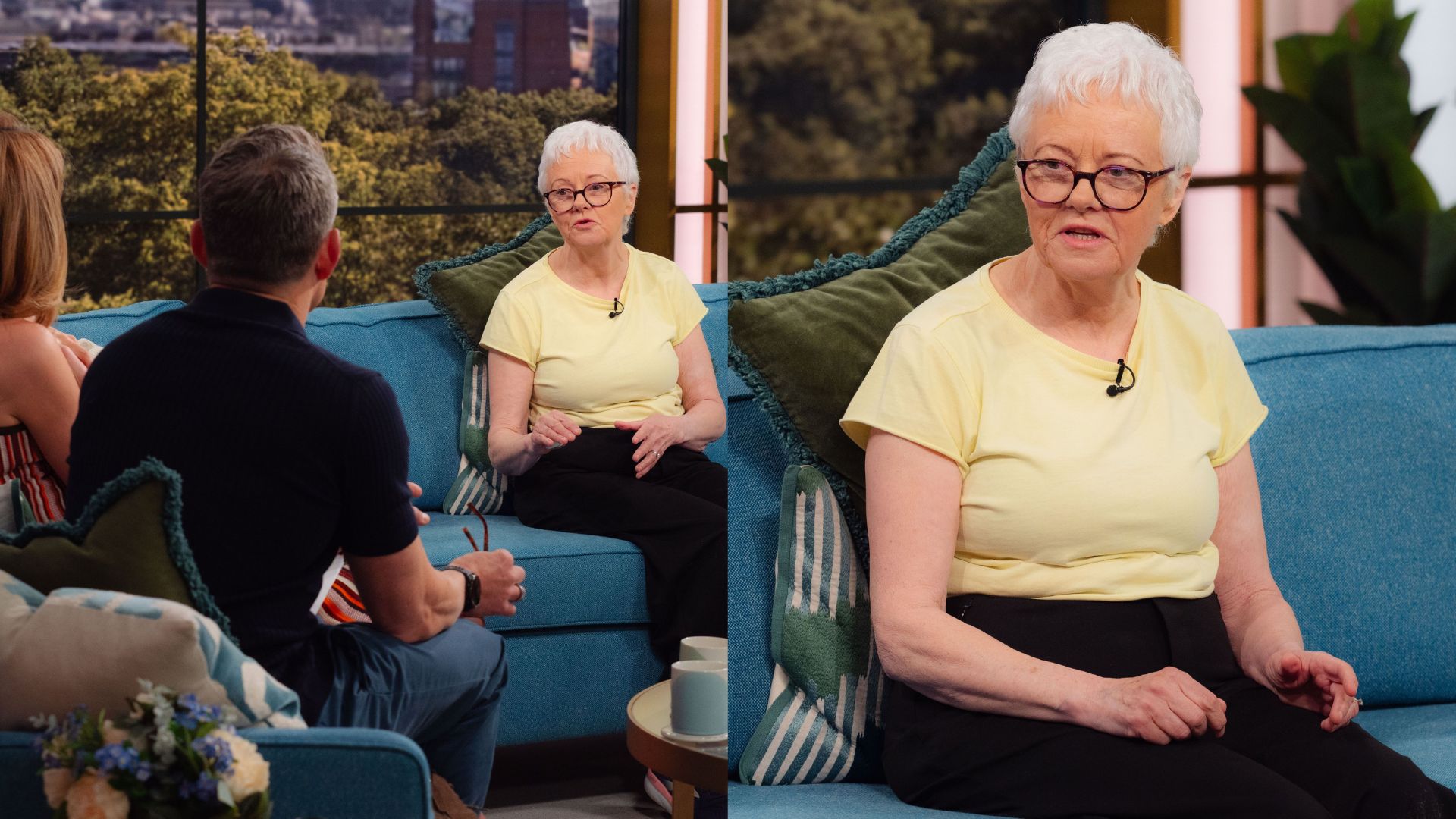 Christine Hobson sitting on This Morning sofa, speaking to Cat Deeley and Ben Shephard