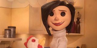 Coraline's mom, Mel Jones, with button eyes, played by Teri Hatcher