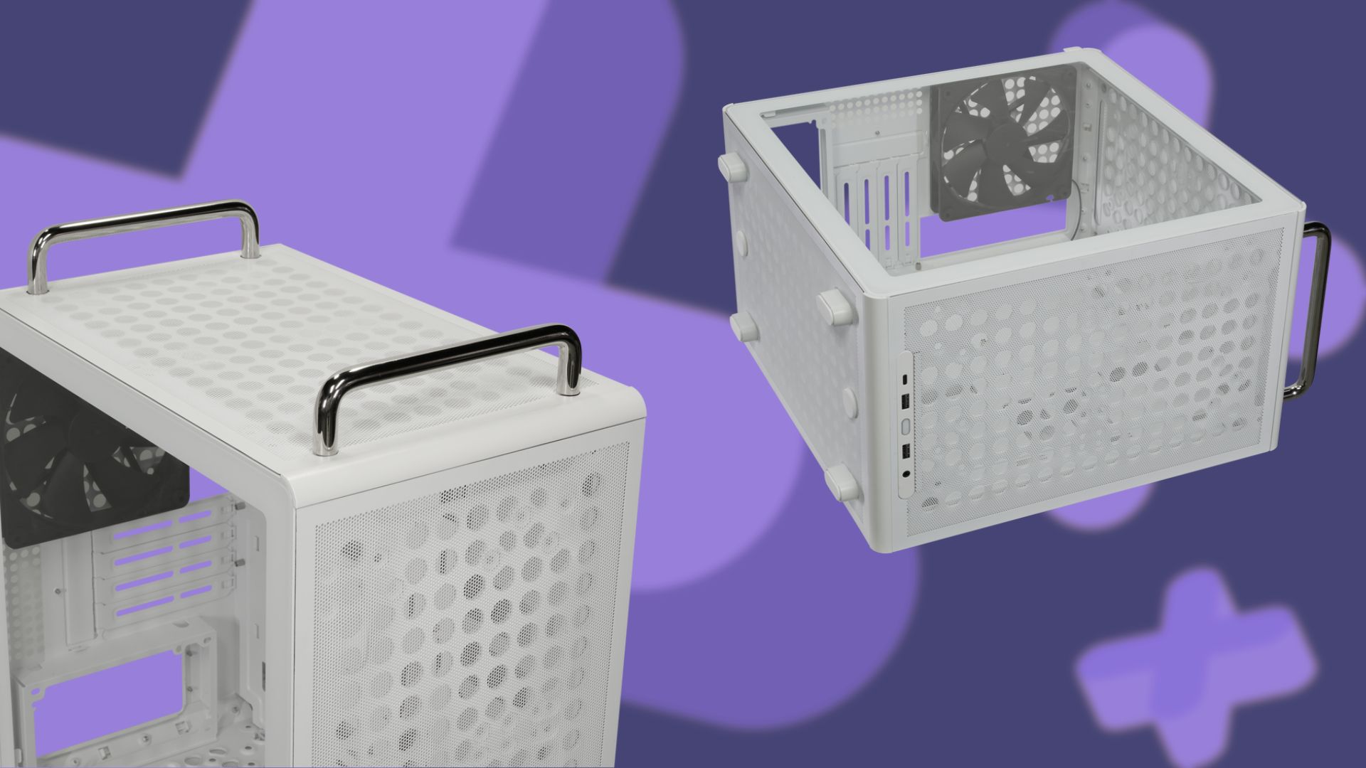 A white Cooler Master Q300L V3 on its side and up close with its metal handles on a blue background