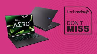 Gigabyte Aero X16 space gray gaming laptop on pink background with TechRadar don't miss sign