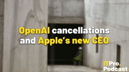 The white and yellow words "OpenAI cancellations and Apple's new CEO" overlaid on a photo of a construction worker onsite. The ITPro Podcast logo is in the bottom right corner.
