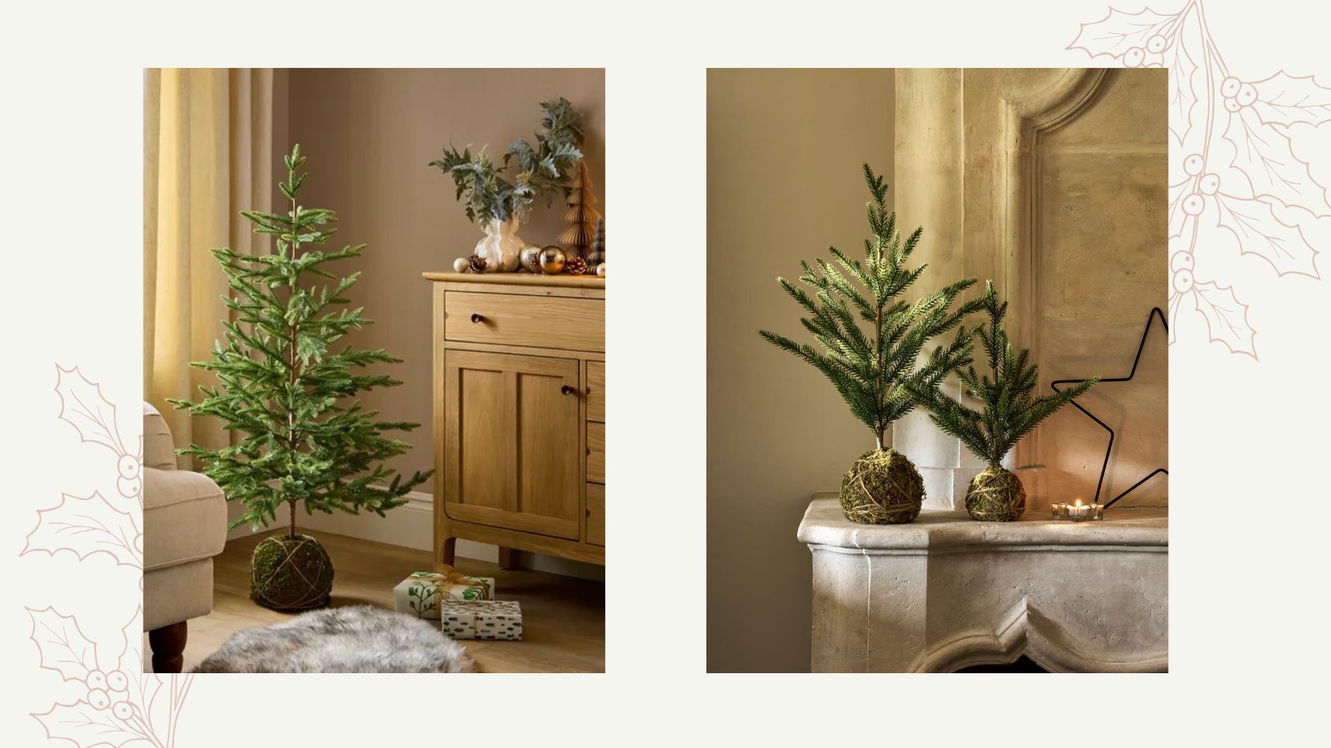 composite of two christmas trees with moss ball bases