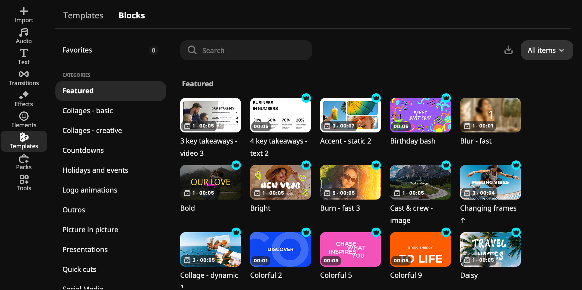 Dark video-editing template library interface showing categories, search, filters, and a grid of featured template thumbnails