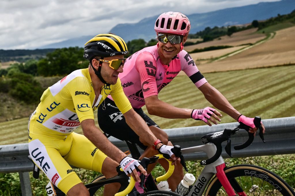 UAE Team Emirates British rider Adam Yates wearing the overall leaders yellow jersey L and EF Education Easyposts Danish rider Magnus Cort Nielsen R cycle during the 2nd stage of the 110th edition of the Tour de France cycling race 2089 km between VitoriaGasteiz and San Sebastian in northern Spain on July 2 2023 Photo by Marco BERTORELLO AFP Photo by MARCO BERTORELLOAFP via Getty Images