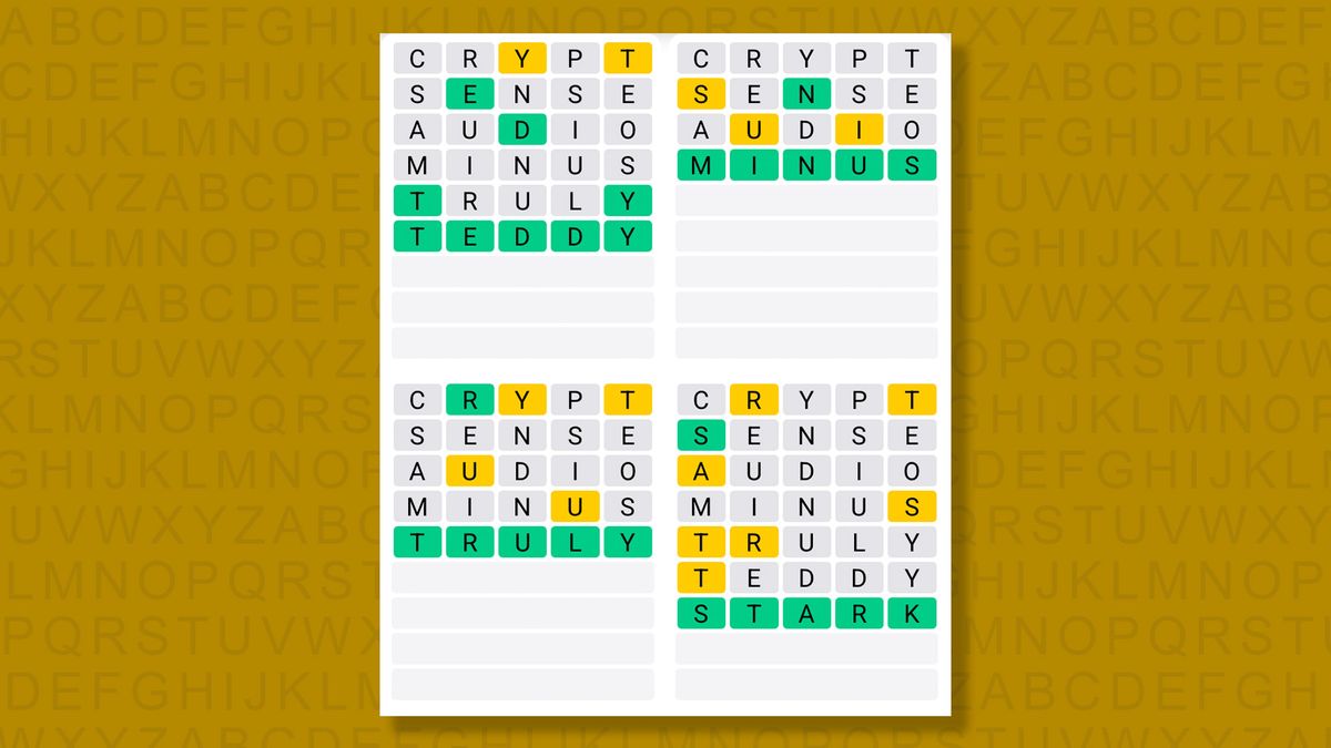 Quordle answers for game 1577 on a yellow background