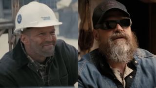 Jason Statham pictured smiling at a job site, next to a heavily bearded David Harbour shown in conversation, in A Working Man.