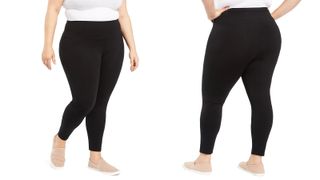 a side-by-side of a woman wearing the Style & Co Plus Size Tummy-Control Leggings, one of w&h's best plus-size leggings picks, at two different angles