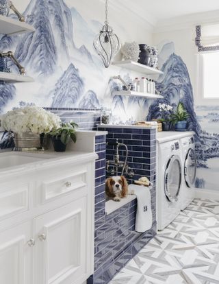 a decorative laundry room with a dog bath