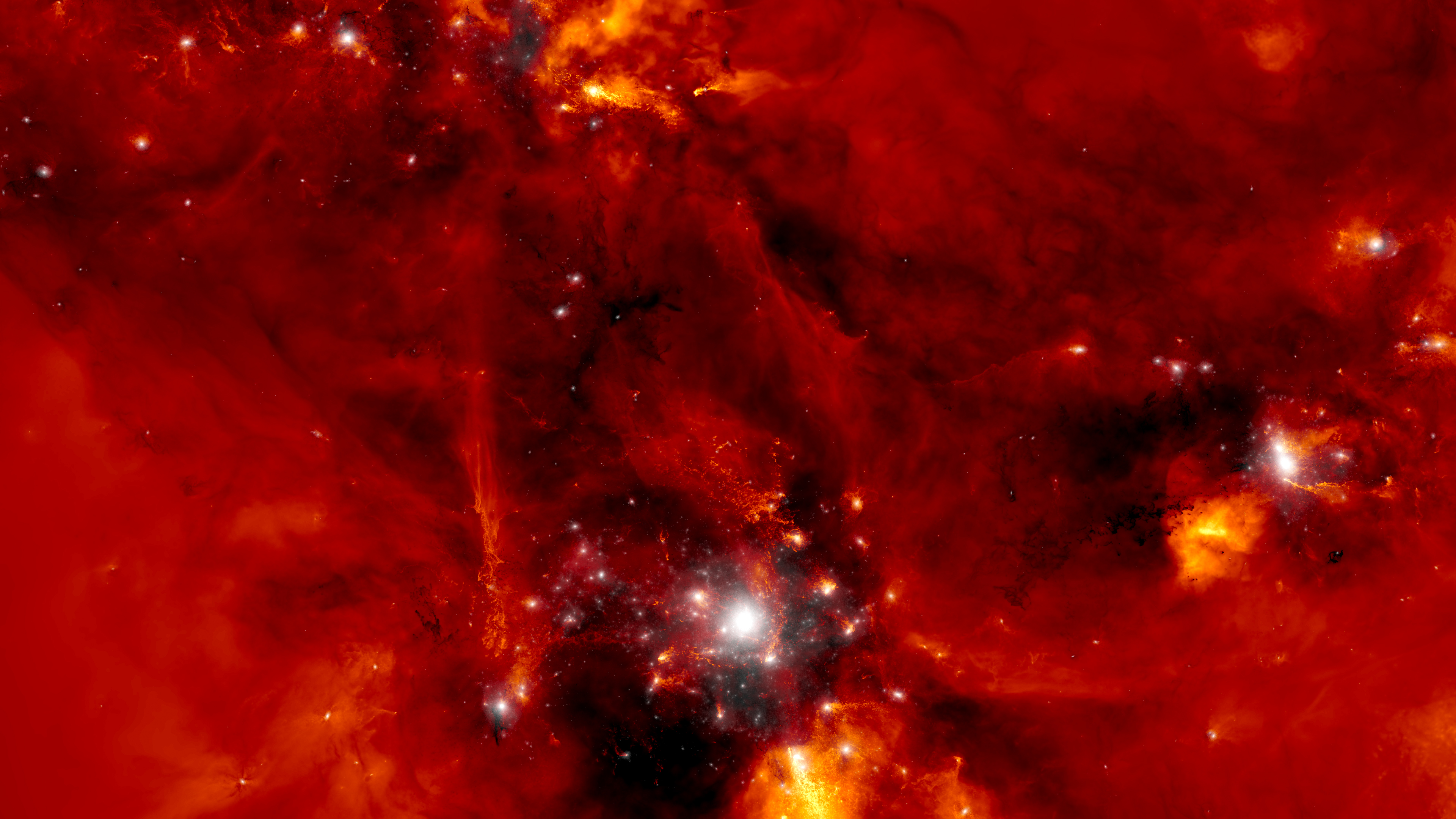 The violent simulated birth of a galaxy cluster where dark matter structures (in white) merge together while supermassive blackholes and supernovae expel cosmic gas away (gas motion is shown in red).