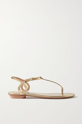 gold metallic T-strap thong sandals