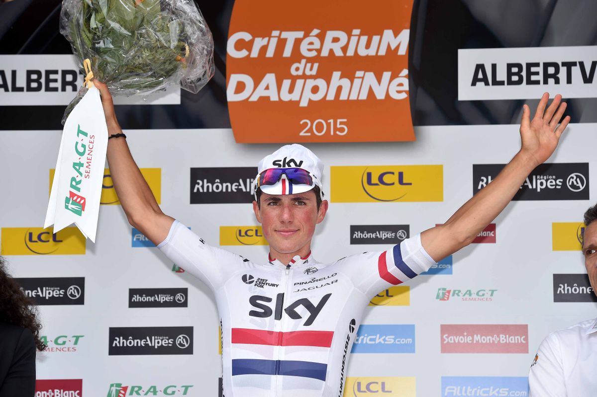 Peter Kennaugh on the podium after winning stage 1