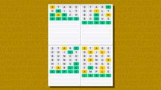 Quordle daily sequence answers for game 755 on a yellow background