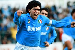 Diego Maradona celebrates after scoring for Napoli against AC Milan in 1988.