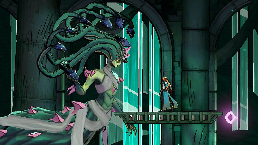Castlevania: Belmont's Curse screenshot of Sonia near a Medusa statue