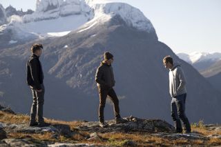 (L to R) Kieran Culkin as Roman, Jeremy Strong as Kendall and Alexander Skarsgård as Lukas Matsson in Succession season 4 episode 5