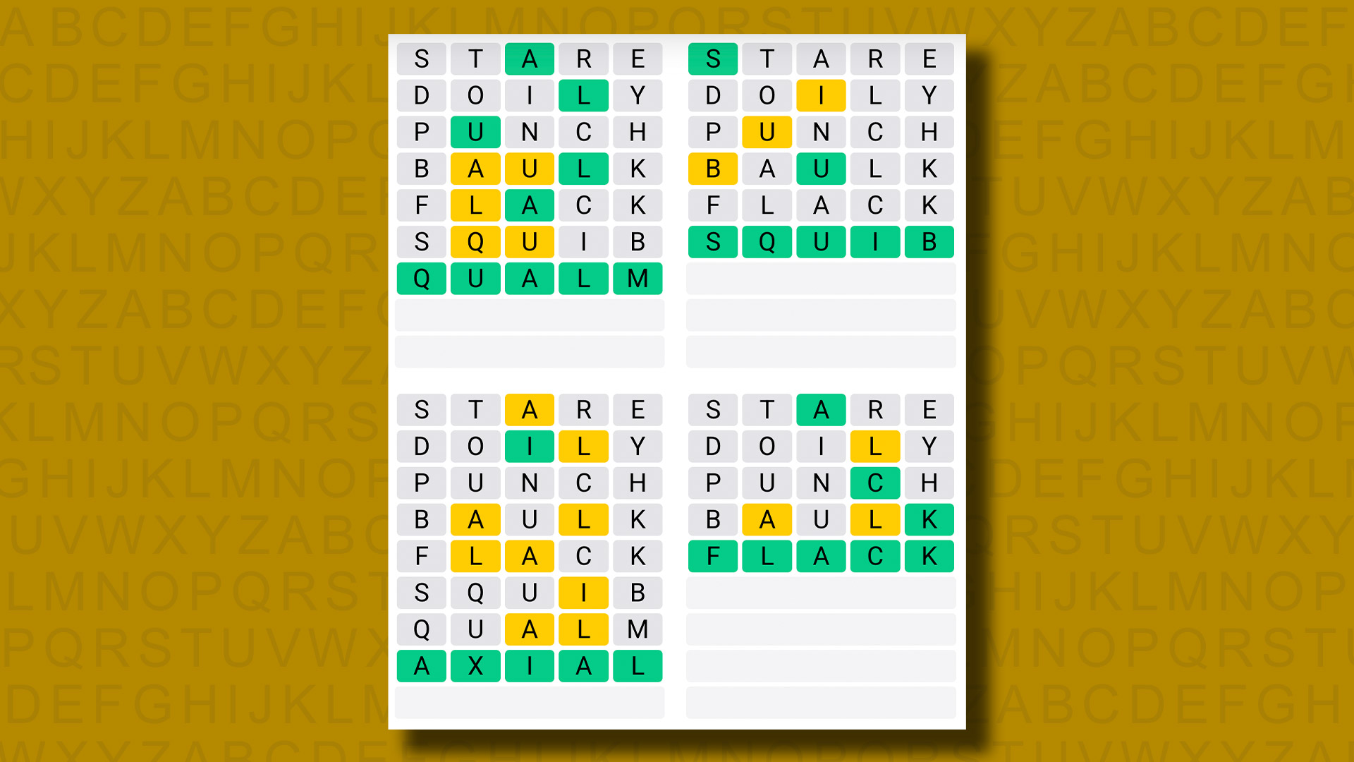 Quordle answers for game 1247 on a yellow background
