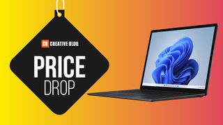 A product image of the Microsoft Surface Laptop 4 on a colourful background with the words price drop
