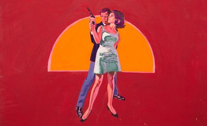 Pop art image of man standing behind a woman n short dress both holding a gun